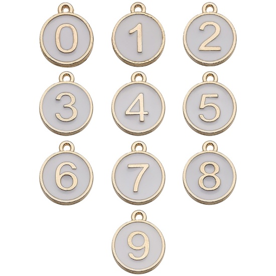 Picture of Zinc Based Alloy Charms Round Gold Plated White Number Enamel 14mm x 12mm, 1 Set ( 10 PCs/Set)