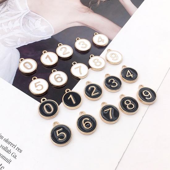 Picture of Zinc Based Alloy Charms Round Gold Plated White Number Enamel 14mm x 12mm, 1 Set ( 10 PCs/Set)