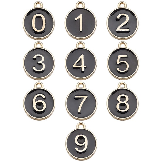 Picture of Zinc Based Alloy Charms Round Gold Plated Black Number Enamel 14mm x 12mm, 1 Set ( 10 PCs/Set)