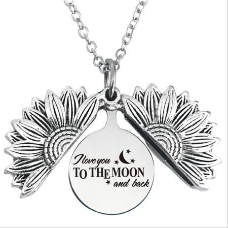 Picture of Stainless Steel Positive Quotes Energy Link Chain Findings Necklace Antique Silver Color Round Disc Sunflower Message " I Love You To The Moon " Can Open 45cm(17 6/8") long, 1 Piece