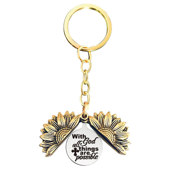 Picture of Stainless Steel Positive Quotes Energy Keychain & Keyring Round Gold Tone Antique Gold Sunflower Message " With all things are possible " Can Open 1 Piece