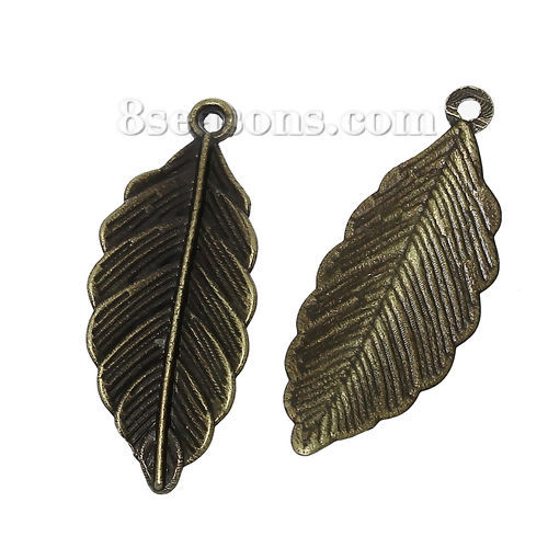 Bild von Zinklegierung Anhänger Blätter Bronzefarbe 31mm x 13mm, 50 Stück