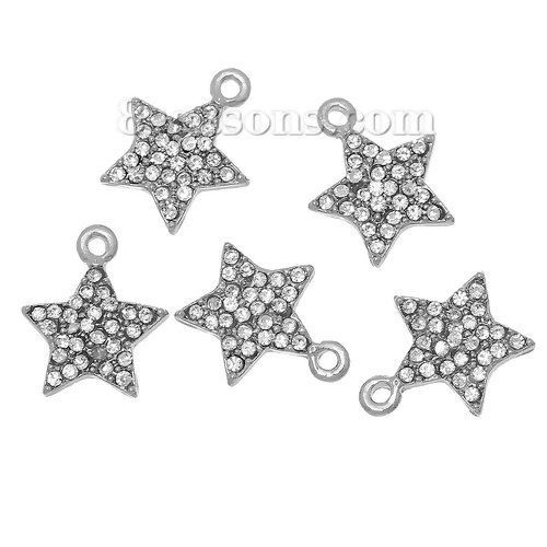 Immagine di Lega di Zinco & Strass Ciondoli Stella a Cinque Punte Tono Argento Trasparente Strass 16mm x 13mm , 5 Pz