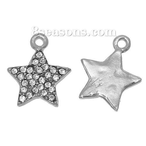 Immagine di Lega di Zinco & Strass Ciondoli Stella a Cinque Punte Tono Argento Trasparente Strass 16mm x 13mm , 5 Pz