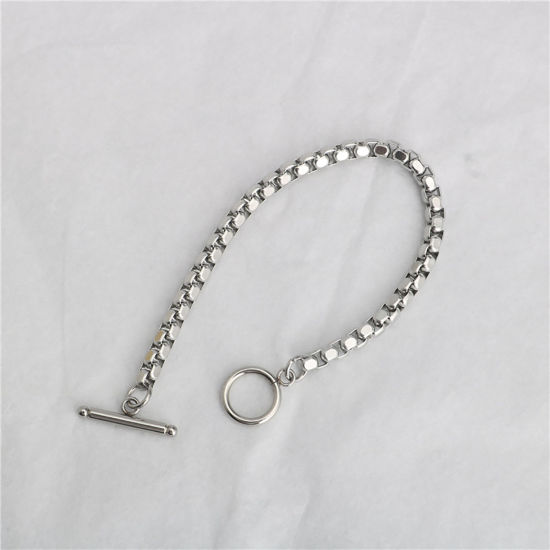 Immagine di Acciaio Inossidabile Catena di casellaAccessore Braccialetti Tono Argento 18cm Lunghezza, 1 Pz