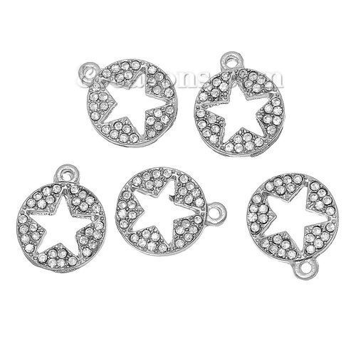 Picture of Zinc Metal Alloy Charms Round Silver Tone Pentagram Star Hollow Carved Clear Rhinestone 15mm( 5/8") x 13mm( 4/8"), 1 Piece
