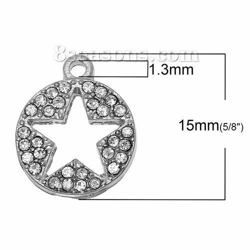 Picture of Zinc Metal Alloy Charms Round Silver Tone Pentagram Star Hollow Carved Clear Rhinestone 15mm( 5/8") x 13mm( 4/8"), 1 Piece
