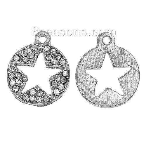Picture of Zinc Metal Alloy Charms Round Silver Tone Pentagram Star Hollow Carved Clear Rhinestone 15mm( 5/8") x 13mm( 4/8"), 1 Piece