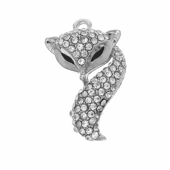 Bild von 2 Stück Zinklegierung Charms Silberfarbe Schwarz Fuchs Emaille Transparent Strass 25mm x 16mm
