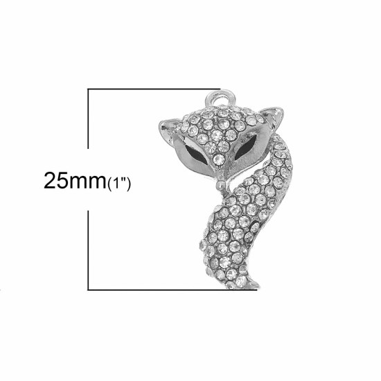 Bild von 2 Stück Zinklegierung Charms Silberfarbe Schwarz Fuchs Emaille Transparent Strass 25mm x 16mm