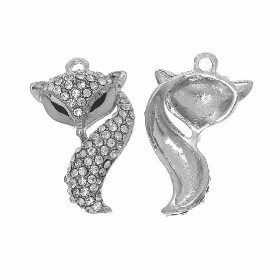 Bild von 2 Stück Zinklegierung Charms Silberfarbe Schwarz Fuchs Emaille Transparent Strass 25mm x 16mm