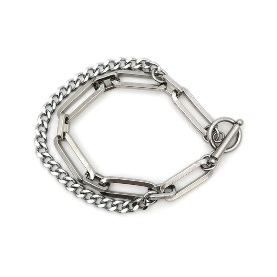 Picture of Stainless Steel Link Cable Chain And Curb Chain Findings Bracelets Silver Tone Oval 21cm(8 2/8") long, 1 Piece