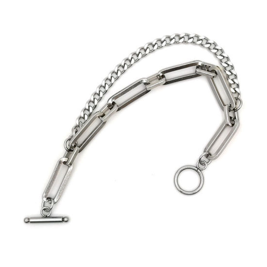 Picture of Stainless Steel Link Cable Chain And Curb Chain Findings Bracelets Silver Tone Oval 21cm(8 2/8") long, 1 Piece