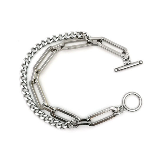 Picture of Stainless Steel Link Cable Chain And Curb Chain Findings Bracelets Silver Tone Oval 21cm(8 2/8") long, 1 Piece