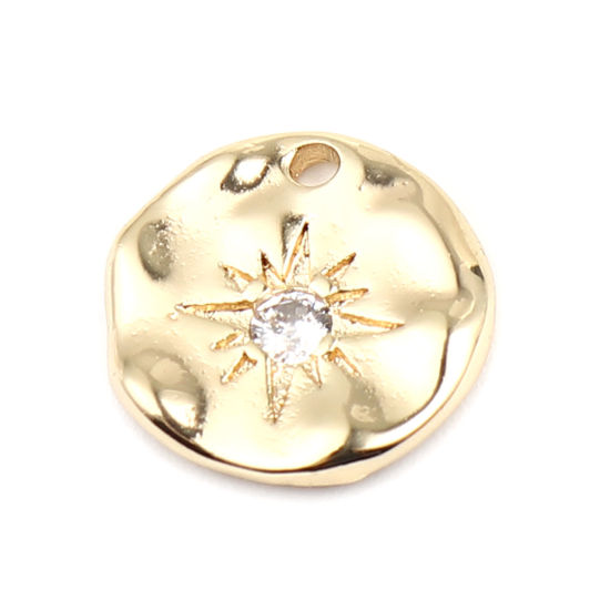 Immagine di Ottone Galassia Charms 18K Vero Oro Placcato Tondo Sole Trasparente Strass 14mm Dia., 2 Pz