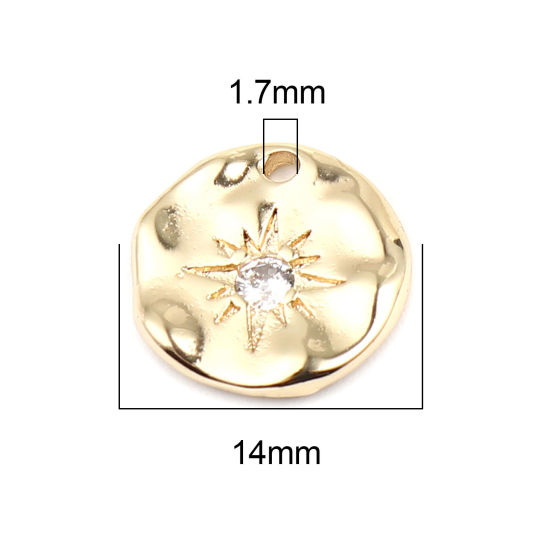 Immagine di Ottone Galassia Charms 18K Vero Oro Placcato Tondo Sole Trasparente Strass 14mm Dia., 2 Pz