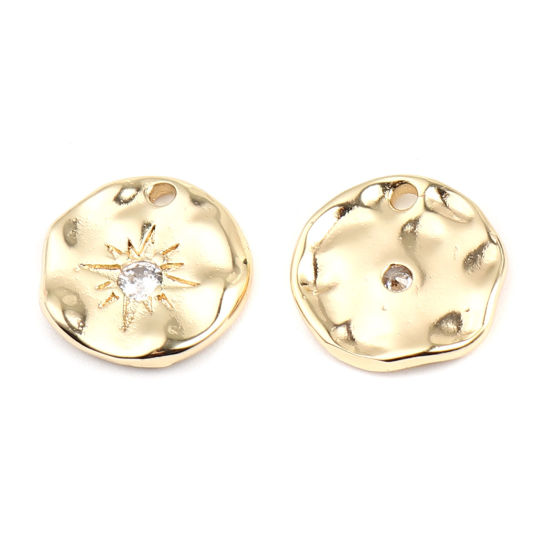 Immagine di Ottone Galassia Charms 18K Vero Oro Placcato Tondo Sole Trasparente Strass 14mm Dia., 2 Pz