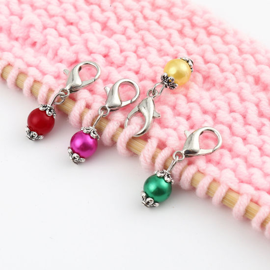 Picture of Zinc Based Alloy & Acrylic Knitting Stitch Markers Round Silver Tone At Random Color Pearlized 30mm x 9mm, 12 PCs