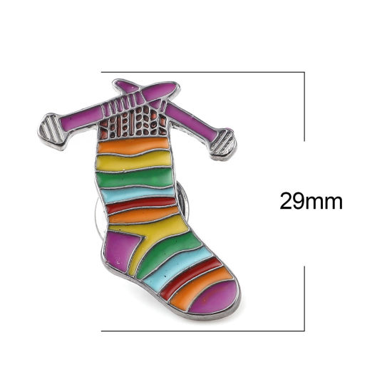 Bild von Brosche Socke Metallgrau Bunt Emaille 29mm x 23mm, 2 Stück