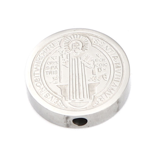 Imagen de 304 Acero Inoxidable Religión Cuentas Plano Redondo Tono de Plata Jesús 15mm Diámetro, Agujero: Aprox 2mm, 2 Unidades