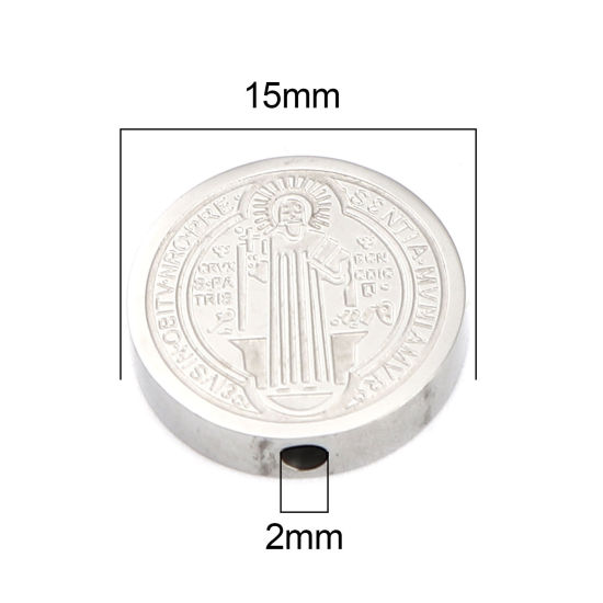 Imagen de 304 Acero Inoxidable Religión Cuentas Plano Redondo Tono de Plata Jesús 15mm Diámetro, Agujero: Aprox 2mm, 2 Unidades