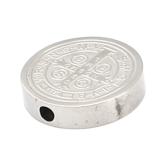 Imagen de 304 Acero Inoxidable Religión Cuentas Plano Redondo Tono de Plata Jesús 15mm Diámetro, Agujero: Aprox 2mm, 2 Unidades
