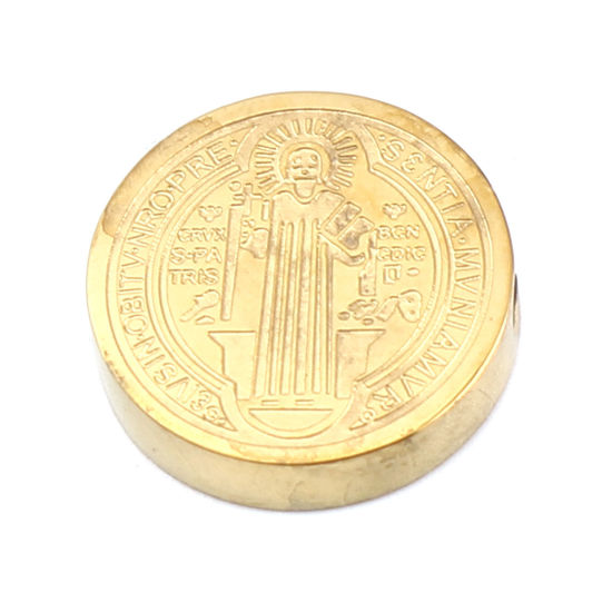 Imagen de 304 Acero Inoxidable Religión Cuentas Plano Redondo Chapado en Oro Jesús 15mm Diámetro, Agujero: Aprox 2mm, 2 Unidades