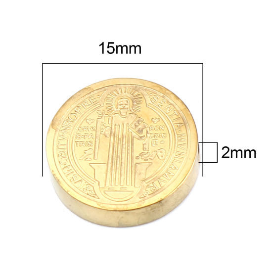 Imagen de 304 Acero Inoxidable Religión Cuentas Plano Redondo Chapado en Oro Jesús 15mm Diámetro, Agujero: Aprox 2mm, 2 Unidades