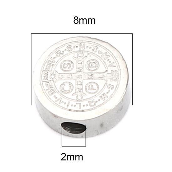 Imagen de 304 Acero Inoxidable Religión Cuentas Plano Redondo Tono de Plata Jesús 8mm Diámetro, Agujero: Aprox 2mm, 2 Unidades