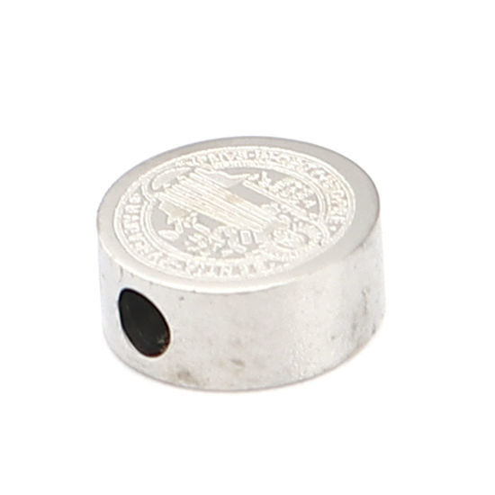 Imagen de 304 Acero Inoxidable Religión Cuentas Plano Redondo Tono de Plata Jesús 8mm Diámetro, Agujero: Aprox 2mm, 2 Unidades