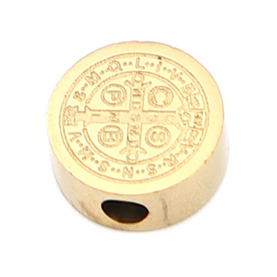 Imagen de 304 Acero Inoxidable Religión Cuentas Plano Redondo Chapado en Oro Jesús 8mm Diámetro, Agujero: Aprox 2mm, 2 Unidades