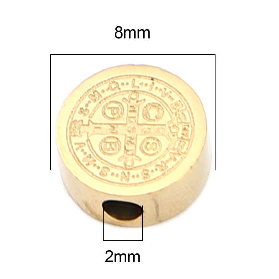 Imagen de 304 Acero Inoxidable Religión Cuentas Plano Redondo Chapado en Oro Jesús 8mm Diámetro, Agujero: Aprox 2mm, 2 Unidades