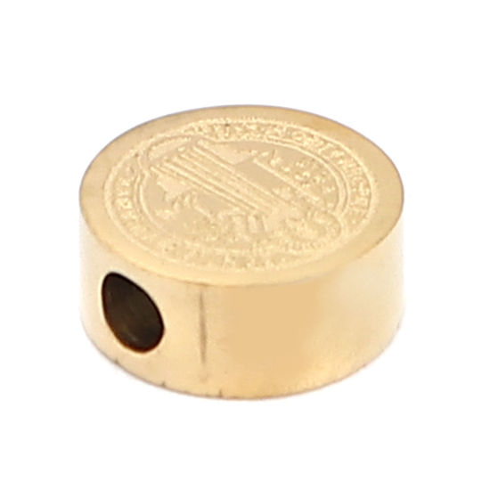 Imagen de 304 Acero Inoxidable Religión Cuentas Plano Redondo Chapado en Oro Jesús 8mm Diámetro, Agujero: Aprox 2mm, 2 Unidades