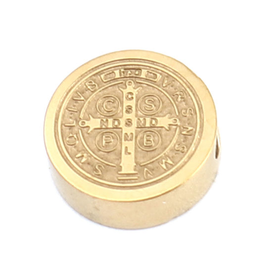Imagen de 304 Acero Inoxidable Religión Cuentas Plano Redondo Chapado en Oro Jesús 10mm Diámetro, Agujero: Aprox 1.9mm, 2 Unidades