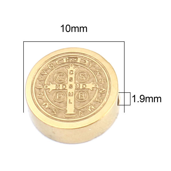 Imagen de 304 Acero Inoxidable Religión Cuentas Plano Redondo Chapado en Oro Jesús 10mm Diámetro, Agujero: Aprox 1.9mm, 2 Unidades