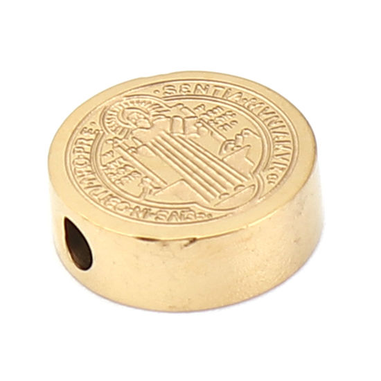 Imagen de 304 Acero Inoxidable Religión Cuentas Plano Redondo Chapado en Oro Jesús 10mm Diámetro, Agujero: Aprox 1.9mm, 2 Unidades