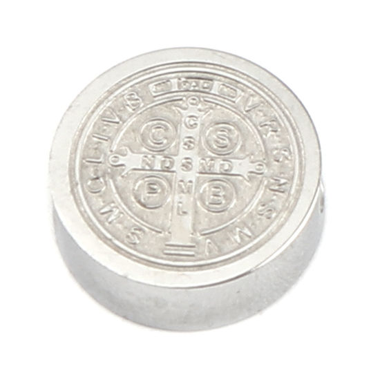 Imagen de 304 Acero Inoxidable Religión Cuentas Plano Redondo Tono de Plata Jesús 10mm Diámetro, Agujero: Aprox 1.9mm, 2 Unidades
