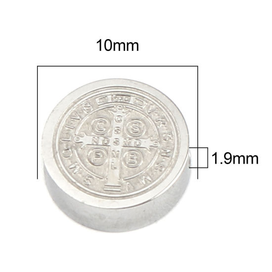 Imagen de 304 Acero Inoxidable Religión Cuentas Plano Redondo Tono de Plata Jesús 10mm Diámetro, Agujero: Aprox 1.9mm, 2 Unidades