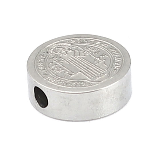 Imagen de 304 Acero Inoxidable Religión Cuentas Plano Redondo Tono de Plata Jesús 10mm Diámetro, Agujero: Aprox 1.9mm, 2 Unidades