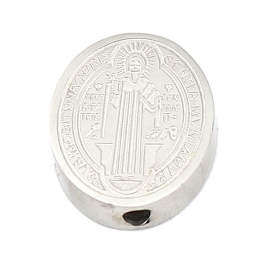 Imagen de 304 Acero Inoxidable Religión Cuentas Plano Redondo Tono de Plata Jesús 15mm x 12mm, Agujero: Aprox 1.9mm, 2 Unidades