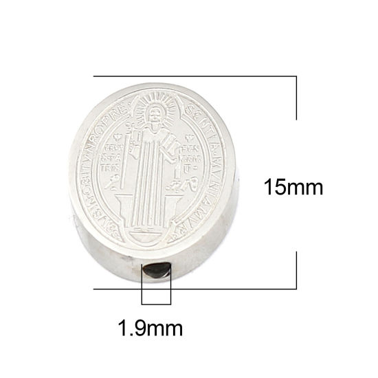 Imagen de 304 Acero Inoxidable Religión Cuentas Plano Redondo Tono de Plata Jesús 15mm x 12mm, Agujero: Aprox 1.9mm, 2 Unidades