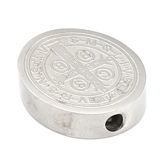 Imagen de 304 Acero Inoxidable Religión Cuentas Plano Redondo Tono de Plata Jesús 15mm x 12mm, Agujero: Aprox 1.9mm, 2 Unidades