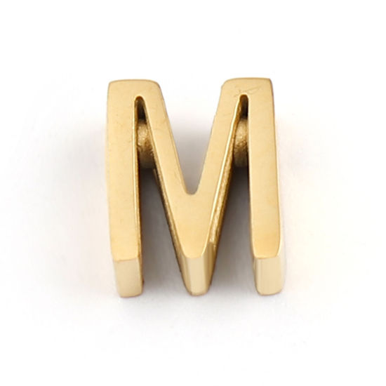 Immagine di 304 Acciaio Inossidabile Perline Lettera Oro Placcato Lettere " M " 8mm x 6mm, Buco: Circa 1.5mm, 2 Pz