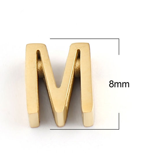 Immagine di 304 Acciaio Inossidabile Perline Lettera Oro Placcato Lettere " M " 8mm x 6mm, Buco: Circa 1.5mm, 2 Pz