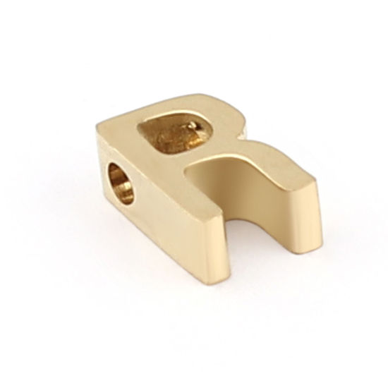 Immagine di 304 Acciaio Inossidabile Perline Lettera Oro Placcato Lettere " R " 8mm x 5mm, Buco: Circa 1.4mm, 2 Pz