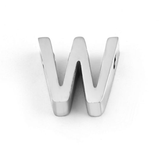 Immagine di 304 Acciaio Inossidabile Perline Lettera Tono Argento Lettere " W " 8mm x 8mm, Buco: Circa 1.4mm, 3 Pz