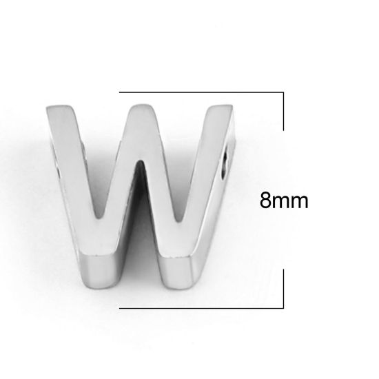 Immagine di 304 Acciaio Inossidabile Perline Lettera Tono Argento Lettere " W " 8mm x 8mm, Buco: Circa 1.4mm, 3 Pz