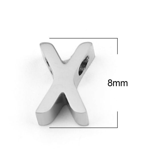 Immagine di 304 Acciaio Inossidabile Perline Lettera Tono Argento Lettere " X " 8mm x 5mm, Buco: Circa 1.5mm, 3 Pz
