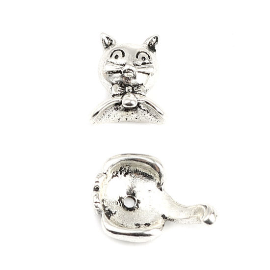 Bild von Zinklegierung Perlkappen Katze Antiksilber (für Perlengröße: 10mm D.) 20mm x 14mm, 5 Sets