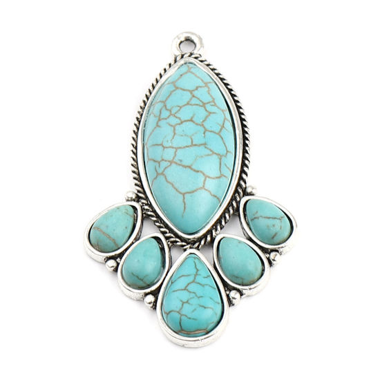 Immagine di Lega di Zinca + Acrilato Stile Bohemien Ciondoli Irregolare Argento Antico Verde Blu Turchese Imitato 47mm x 28mm , 3 Pz